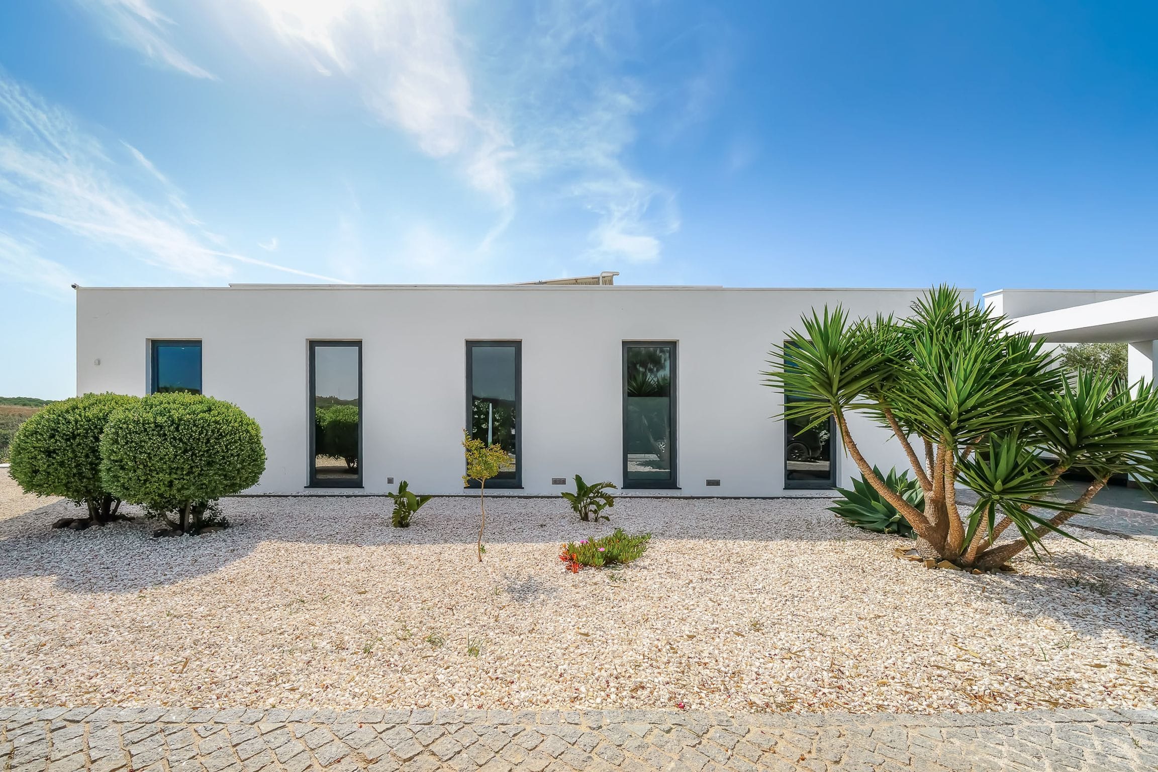 Long white facade of the bedroom wing with tall narrow windows and sculptural dragon trees