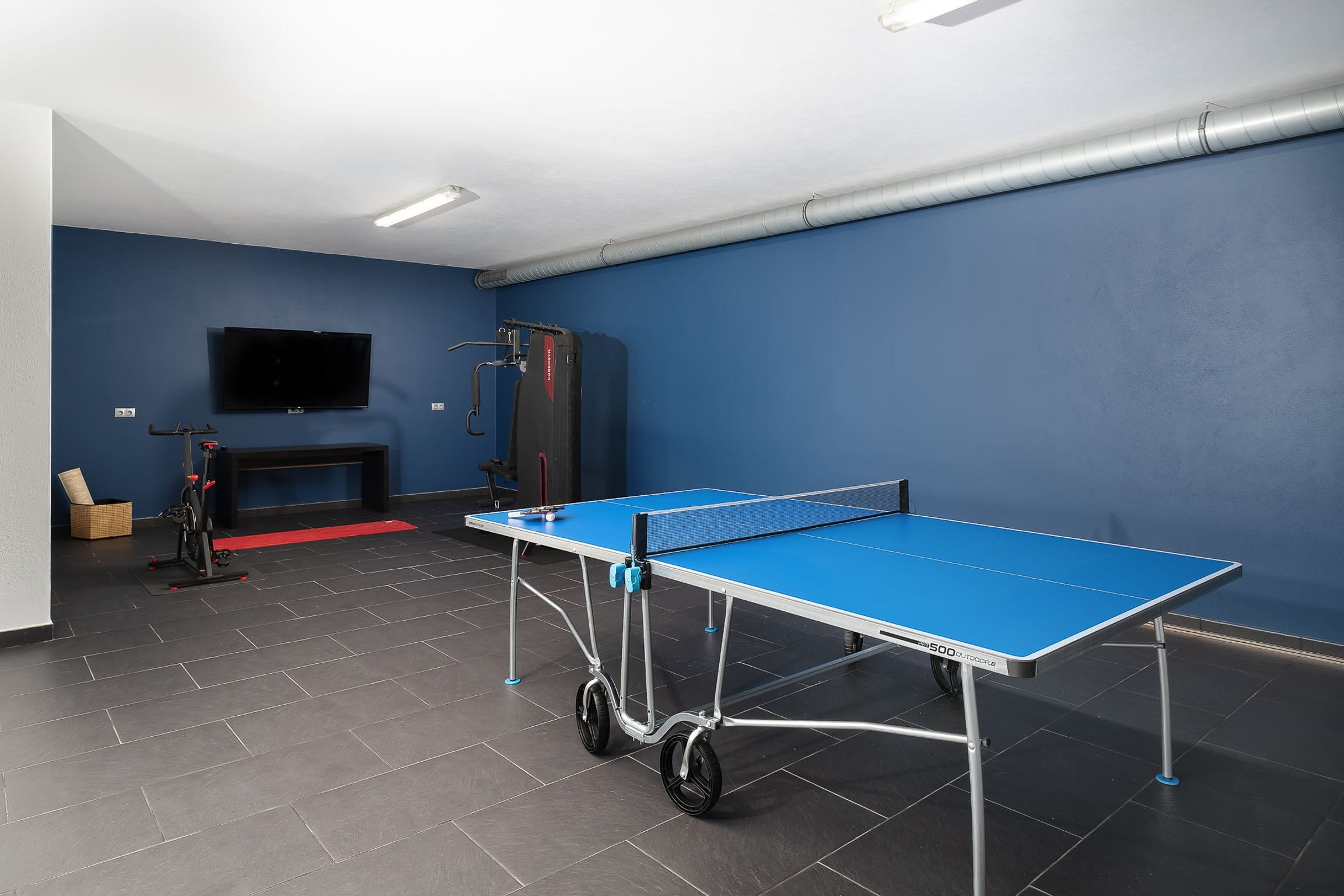Fitness and games room with an exercise bike, multi-gym station, table tennis table and television