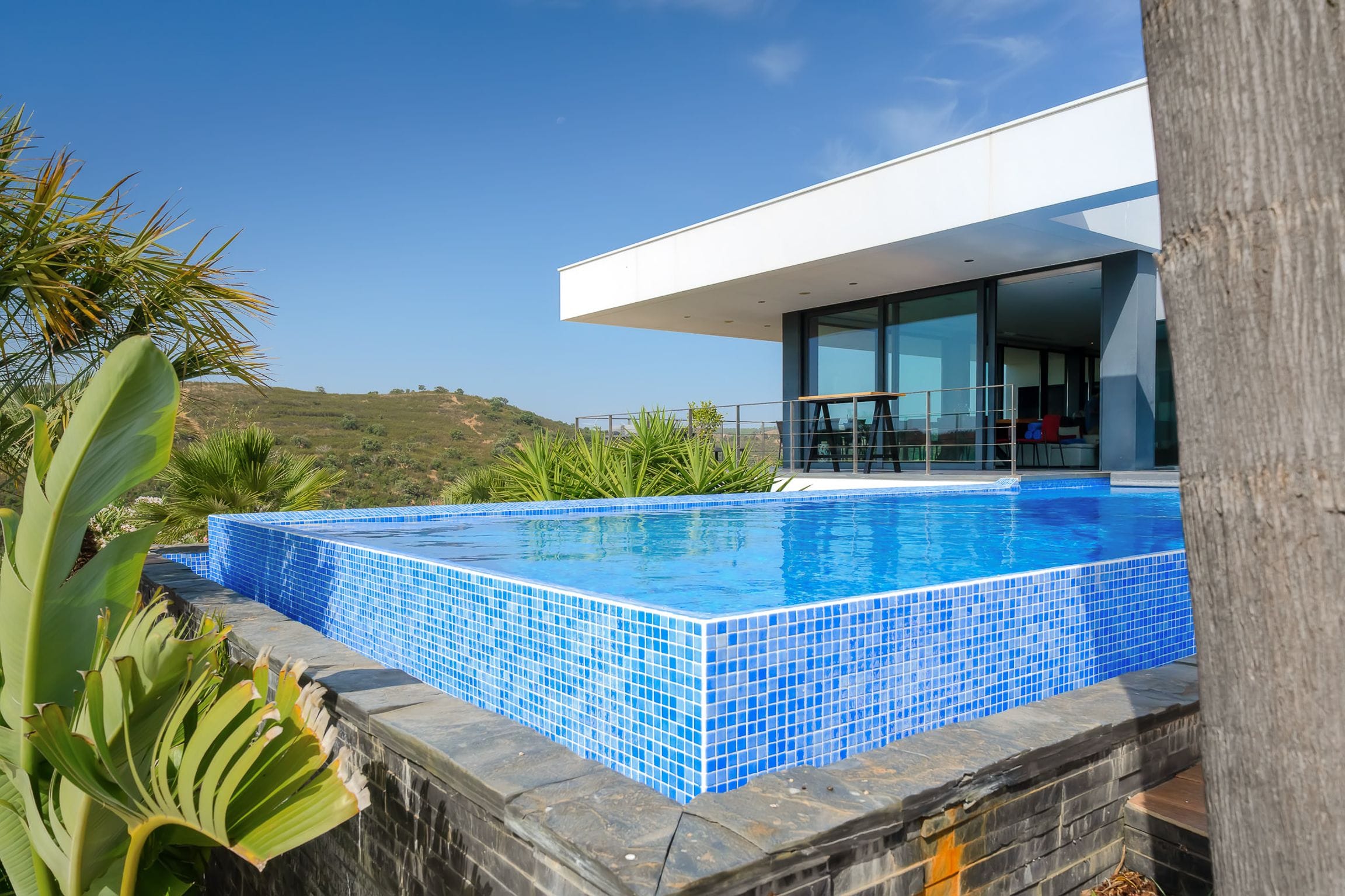 Mosaic-tiled corner of the raised infinity pool with the house and a palm trunk behind